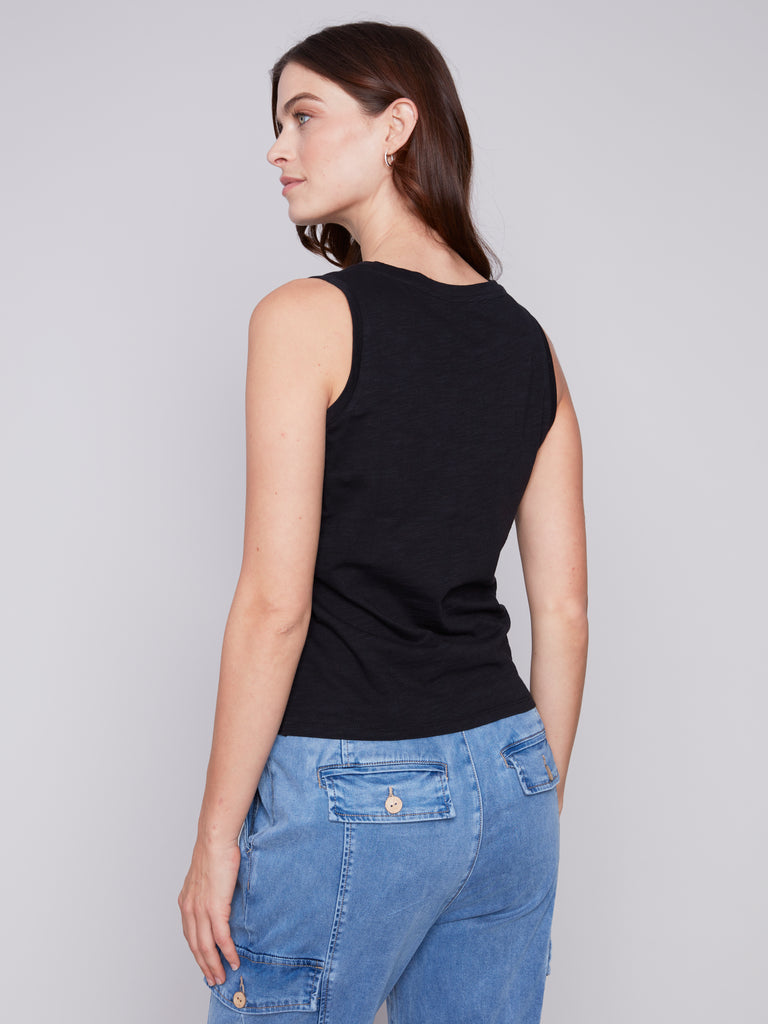Charlie B. Black Sleeveless Top with knotted front