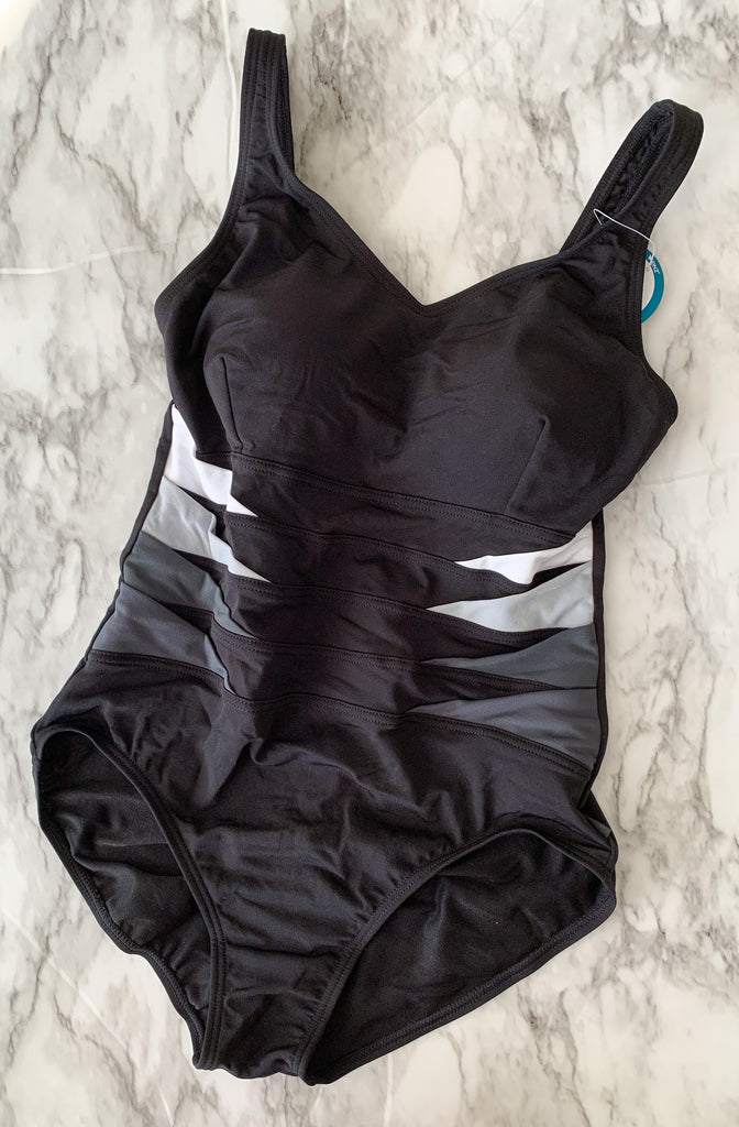 Finz Chlorine Resistant Black onepiece with grey and white triangles on sides.