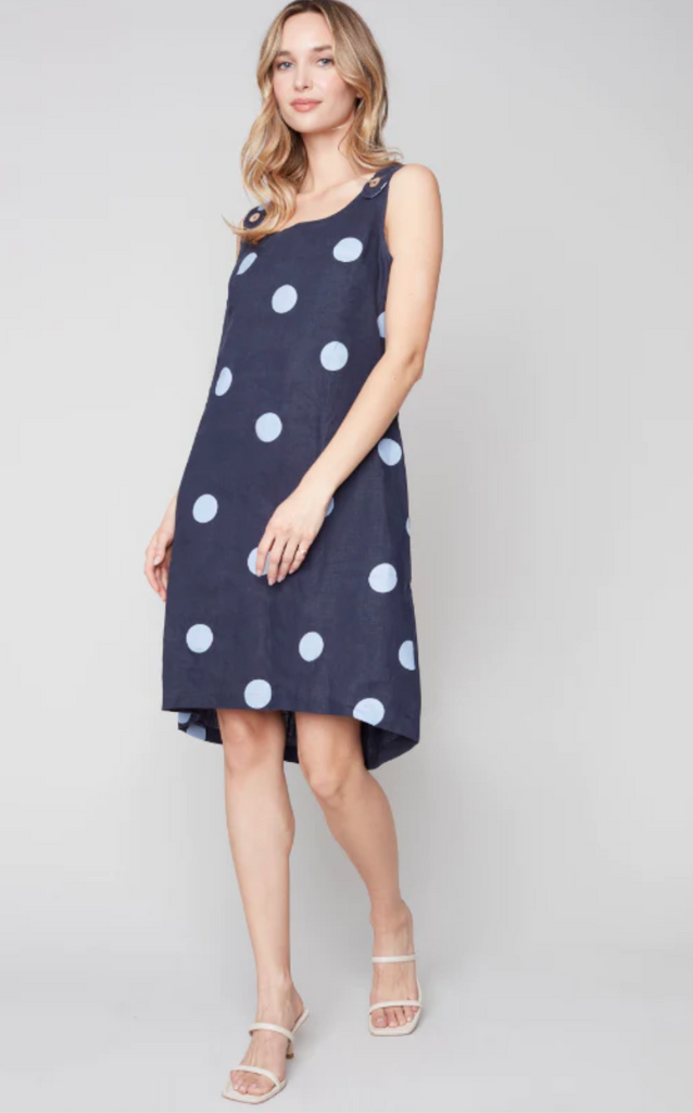 Charlie B Navy Linen Dress with Large Polka Dots