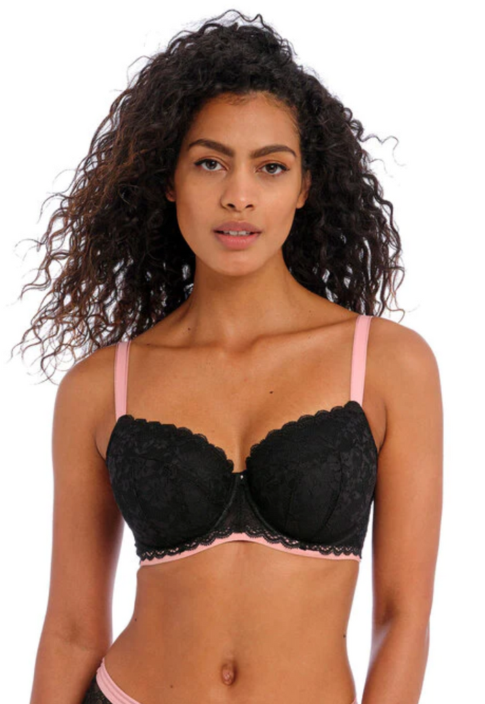 Freya Offbeat Padded Half Cup in Black with Pink