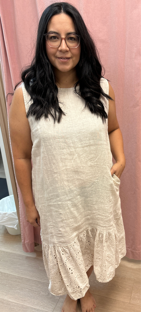 Sorella Beige Linen Dress with Eyelet Trim