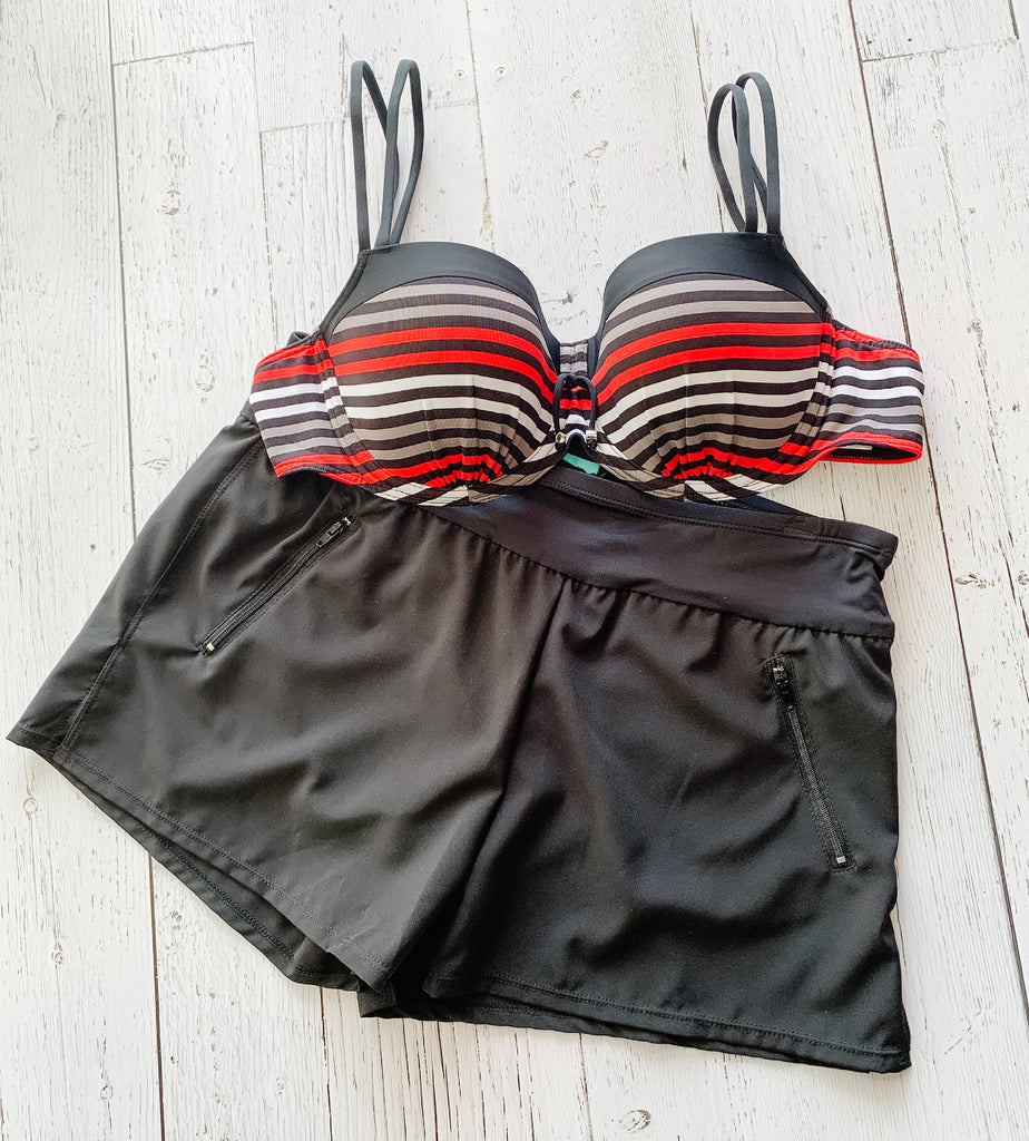 Holly Striped Bikini Top. Molded Cup with underwire. Red, Grey & Black stripes