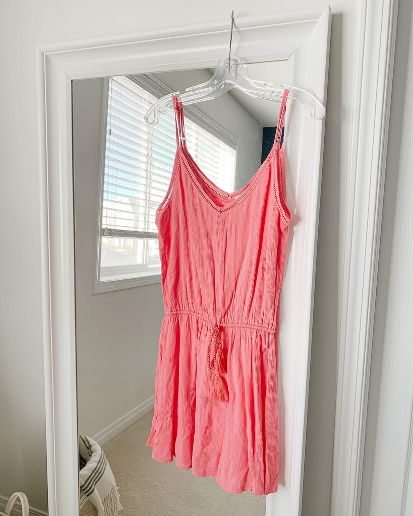 Miami Mini Dress in Peony (Coral) with drawstring waist and adjustable straps