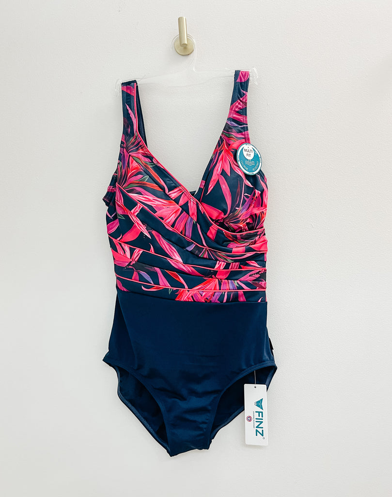 Finz Pink Floral and Navy Cross Front Onepiece Swimsuit 