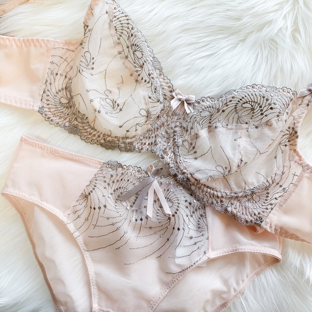 Nicole Lace from Fit Fully Yours in Cloud Pink with Grey Embroidery. Shown with matching panty.