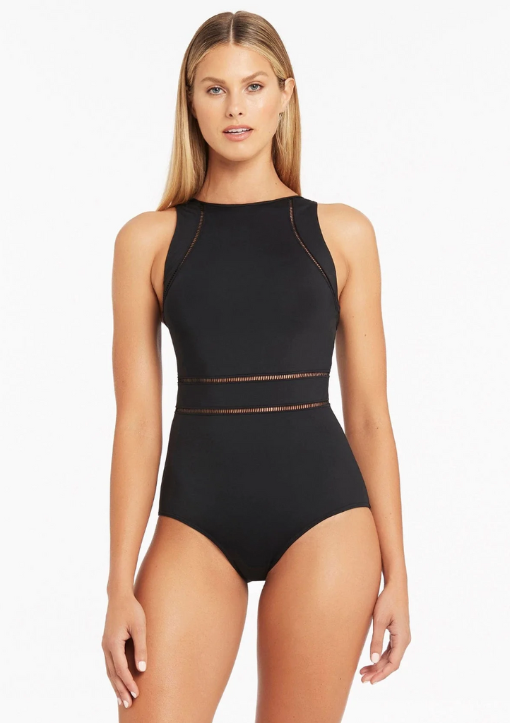 Sea Level Black Onepiece with highneck and ladder lace details