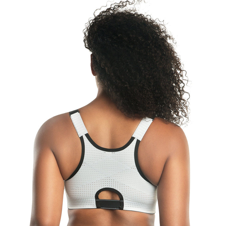 Wave Front Close Sports Bra in Grey from Parfait. Back view. 