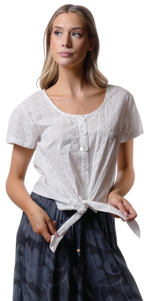 Papa Fashions White Eyelet top with front tie