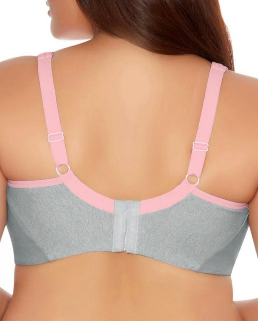 Goddess Wirefree Sports Bra in a Heathered Grey with Pink trim. Back view. 