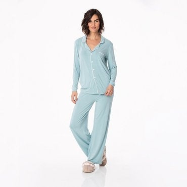 Kickee Bamboo PJ Set in Jade. Long Sleeve button up top with pants.