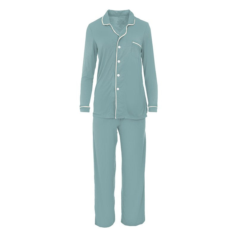 Kickee Bamboo PJ Set in Jade. Long Sleeve button up top with pants.