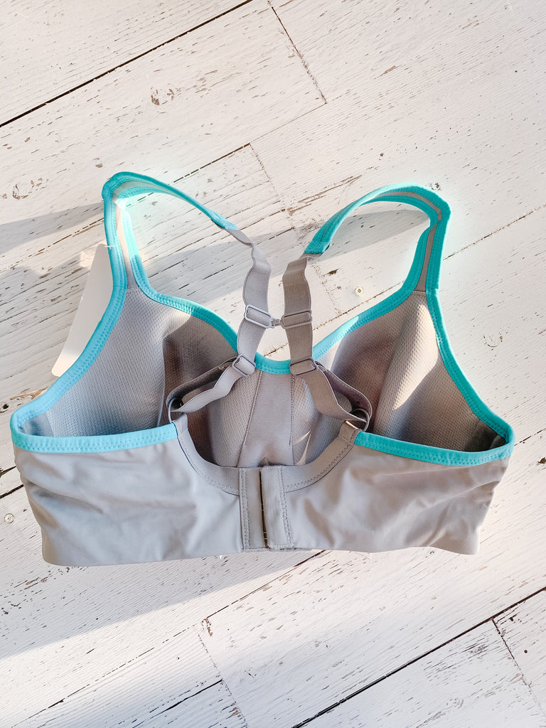 Pauline Sports Bra from Fit Fully Yours ( Grey with teal trim, convertible straps with j-hook)